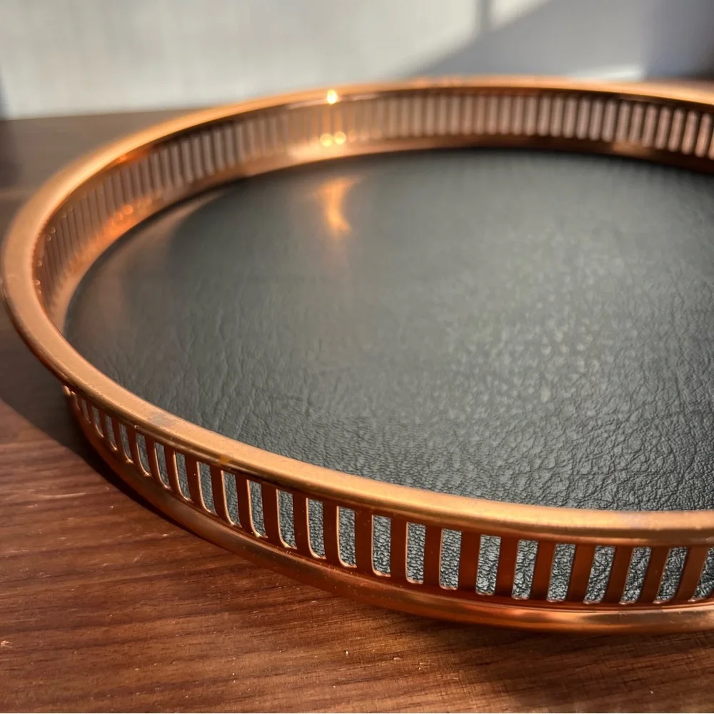 Vintage MCM Coppercraft Guild Drink Tray Wood Leather Copper Whiskey Bar Tray